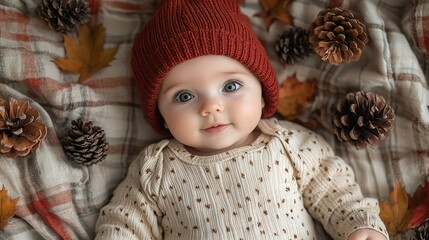 Fototapeta premium White baby onesie, brown shoes, red hat, and beige hat on a plaid blanket with pinecones and autumn leaves 