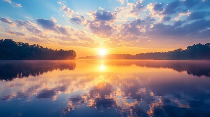 Obraz premium A breathtaking sunset over a serene lake, with vibrant colors reflecting in the water and lush trees silhouetted on the horizon.