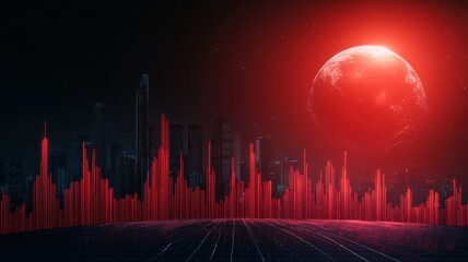 Futuristic skyline with red moon and sound wave visualization under dark atmosphere.