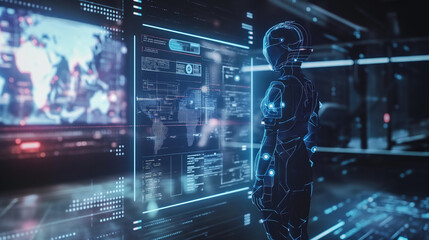 virtual reality hologram display of futuristic artificial intelligence assistance technology