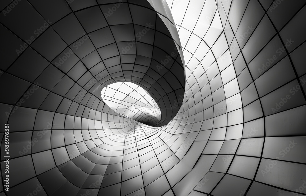 Poster A close-up shot of a modern building's interior, featuring curved tiled panels that form an abstract, geometric pattern and a circular opening.