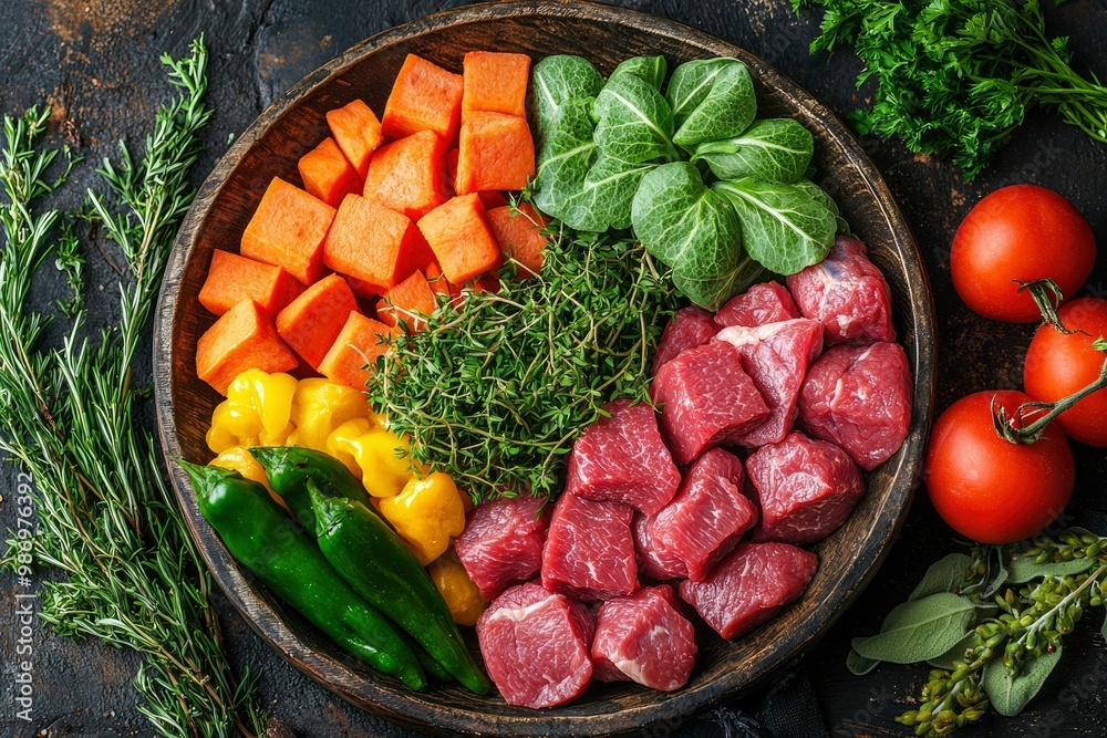 Wall mural Raw Beef, Vegetables, and Herbs in a Wooden Bowl