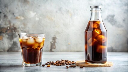 Refreshing cold brew coffee served in a clear glass bottle and glass on a light background