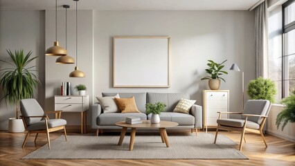 Fototapeta premium Modern scandinavian home interior with a mock up poster