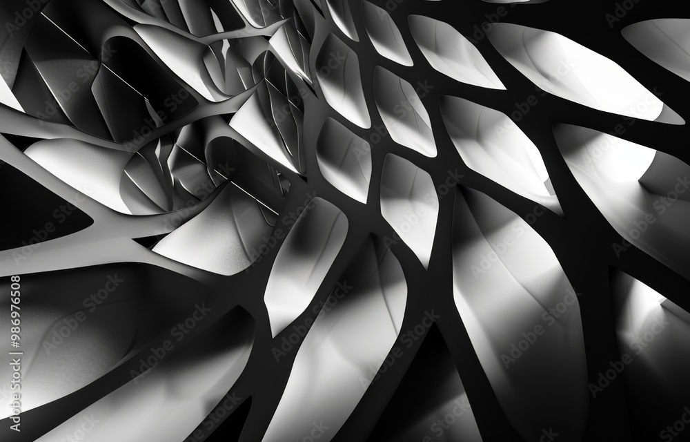 Aufkleber Abstract 3D render of a black and white interlocking structure with contrasting lighting.