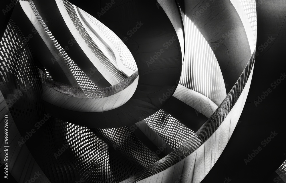 Poster An abstract black and white photograph showcasing the intricate curves and patterns of modern architectural design.