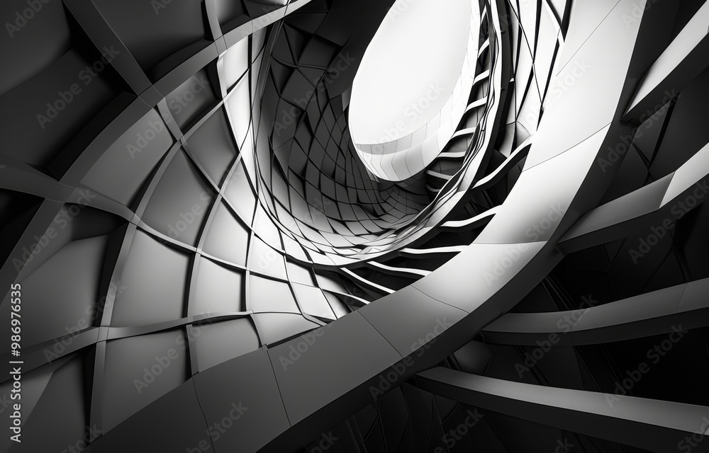 Aufkleber An abstract black and white image of a geometric structure with a circular opening, emphasizing the use of lines and angles in its design.