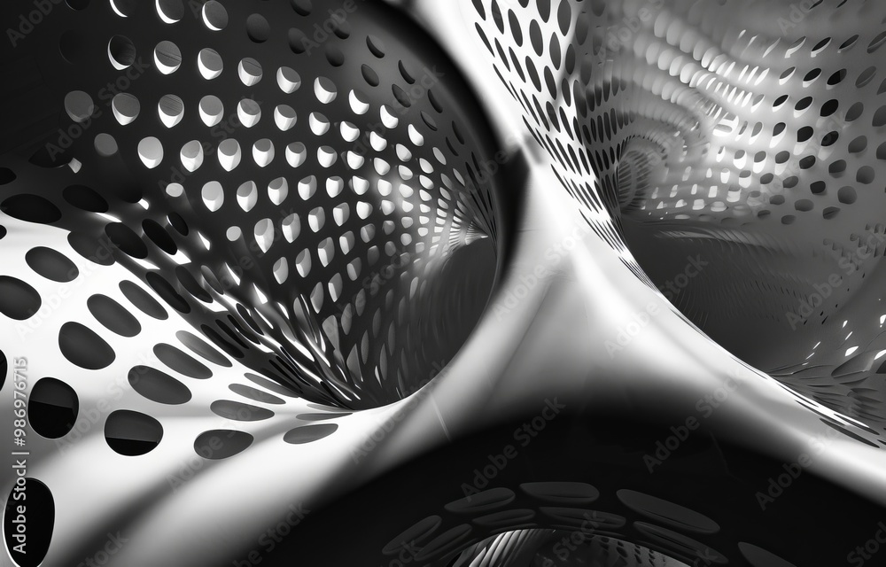 Aufkleber A black and white abstract image of a curved surface with circular cutouts creating a repeating pattern.