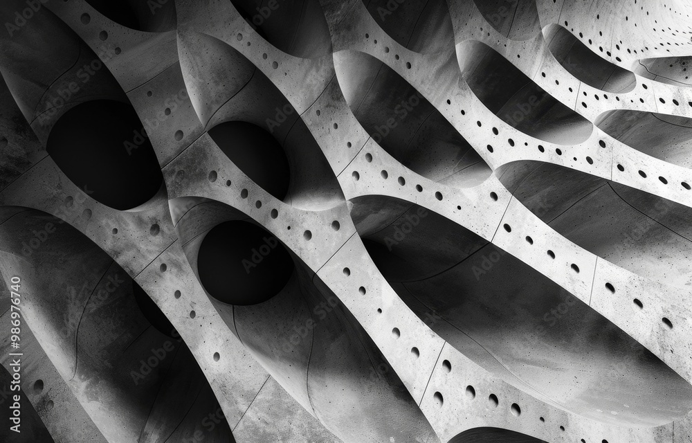 Aufkleber A close-up view of a modern concrete structure with a repeating pattern of circular cutouts and curved lines.