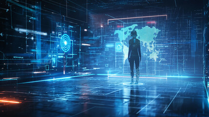 virtual reality hologram display of futuristic artificial intelligence assistance technology