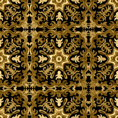 Watercolor gold seamless pattern of hand drawn golden geometrical and floral ornate tiles on a black background