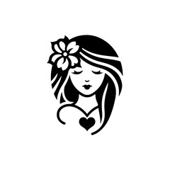 Elegant Charm Black Logo with a Woman's Face Iconic Simplicity Vector Icon of Black Female Face. beautiful floral girl with love sign icon logo