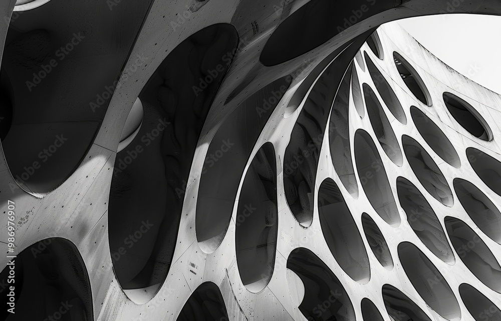 Poster A black and white photograph of a modern architectural structure with a repeating pattern of oval cutouts.