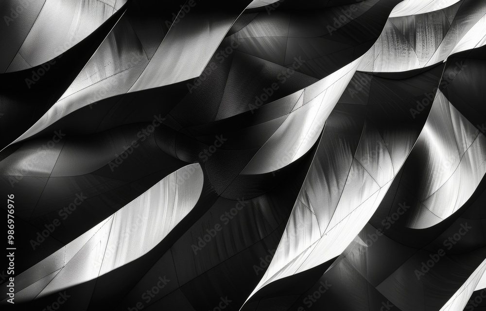 Fototapete A close-up black and white photograph of an abstract architectural design featuring curved panels creating a geometric pattern.