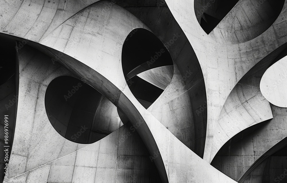 Aufkleber A close-up view of a concrete structure with intersecting curves and circular openings, creating a striking geometric composition.
