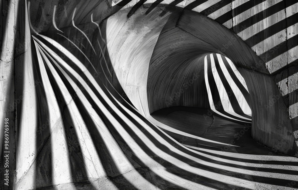 Leinwandbilder a black and white photograph of a curved concrete structure with interesting shadow patterns.