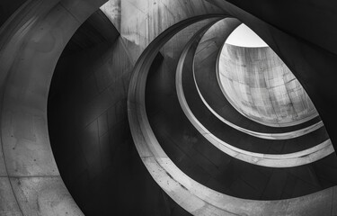 A black and white photograph showcasing a close-up view of intricate concrete curves and shapes forming an abstract architectural pattern.