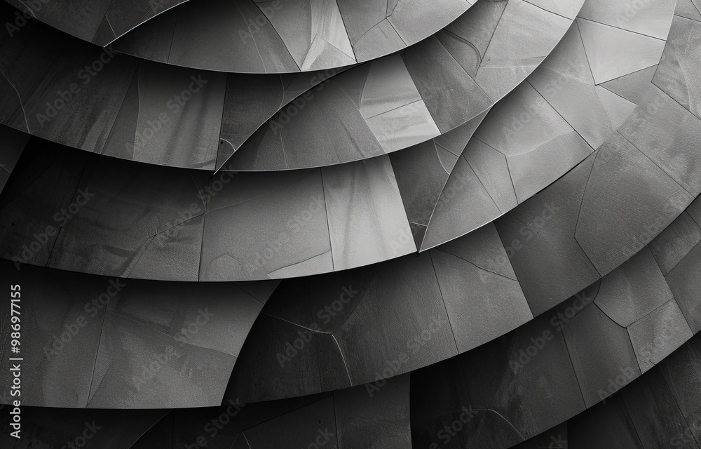 Poster an abstract architectural pattern featuring curved panels in black and white tones.