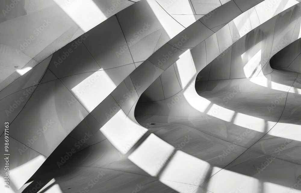 Aufkleber A black and white photograph showcasing the intricate interplay of light and shadow within a modern, curved architectural structure.