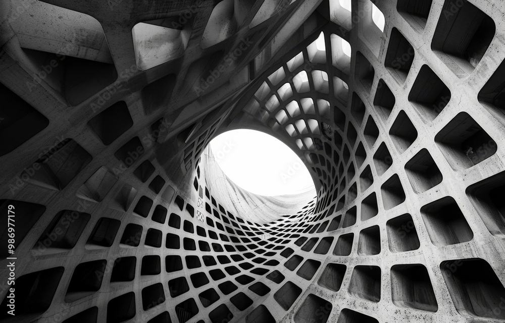 Poster A black and white image of a concrete tunnel with a geometric grid pattern.