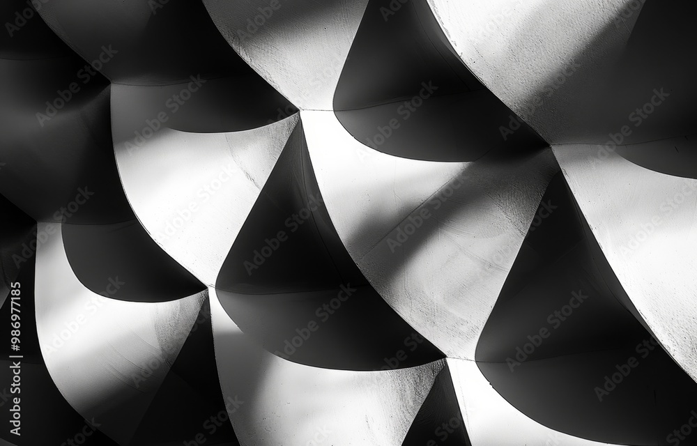 Aufkleber A close-up of an abstract geometric wall pattern with alternating black and white sections and strong contrasting light and shadows.