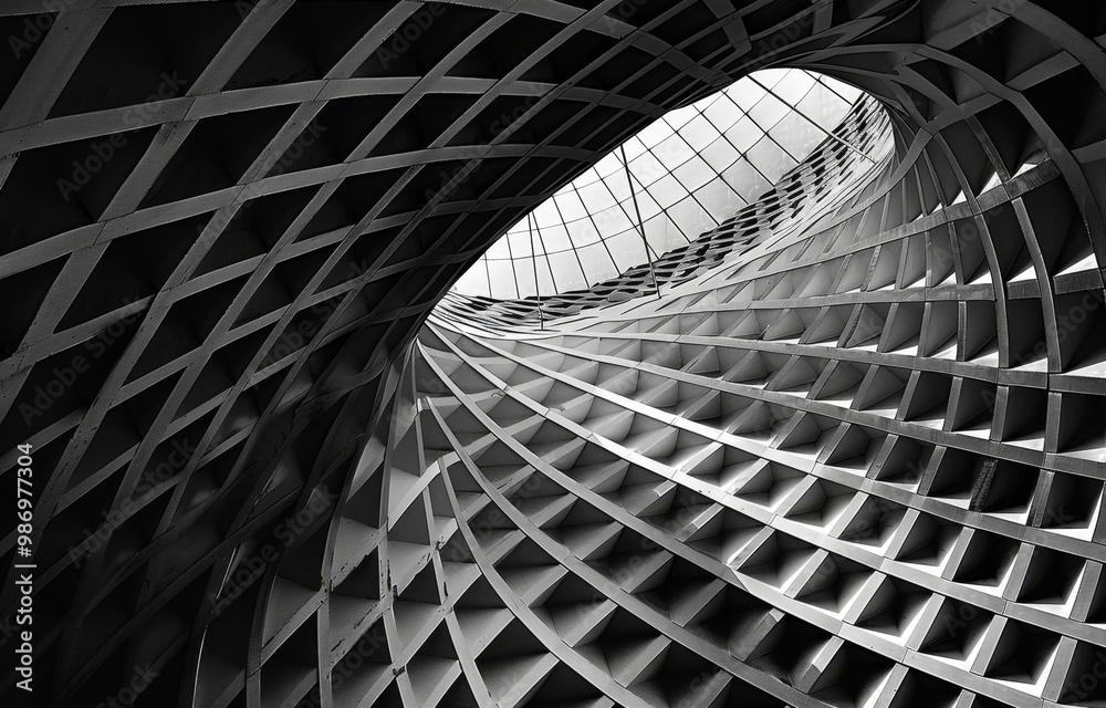 Aufkleber an abstract black and white image showcasing the intricate geometric structure of a modern building,