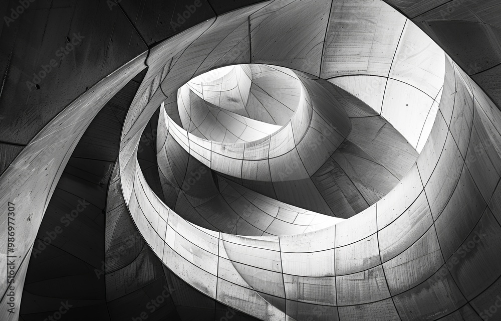 Poster A black and white photograph showcasing the intricate details of a modern concrete structure, featuring intersecting curved panels creating a dynamic abstract composition.