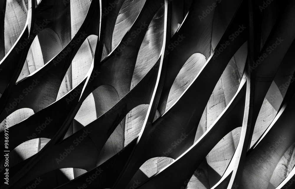 Poster a black and white photograph of a modern architectural structure, showcasing abstract patterns creat