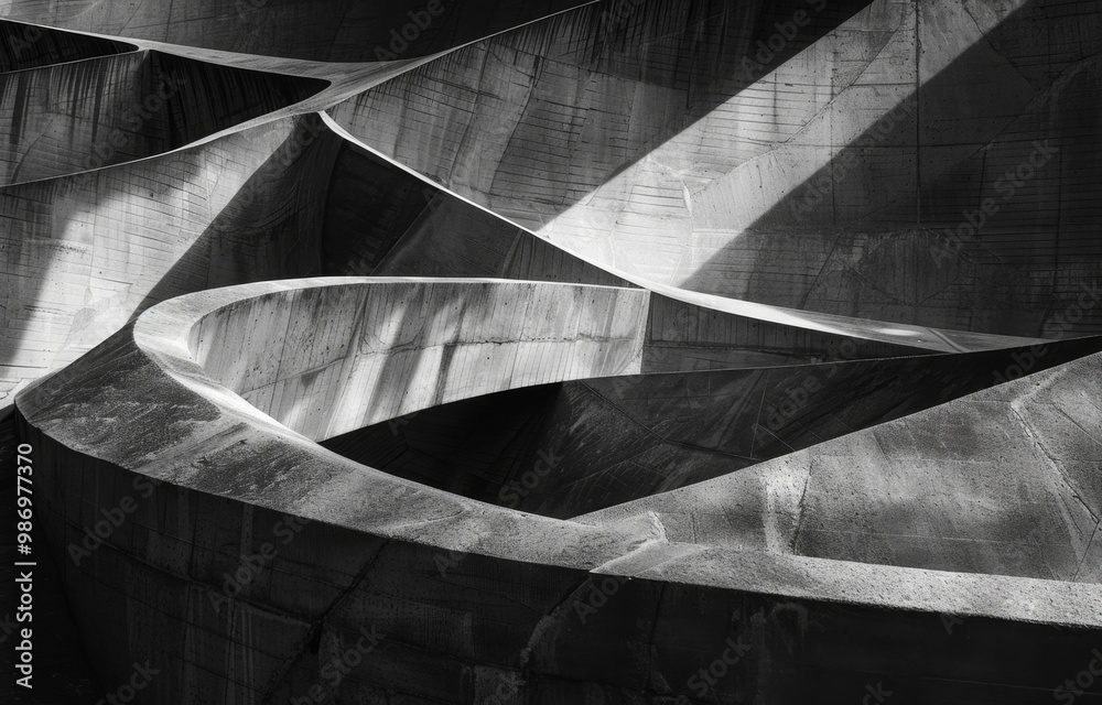 Aufkleber a close-up black and white photograph of a concrete structure with curved shapes, shadows, and geome