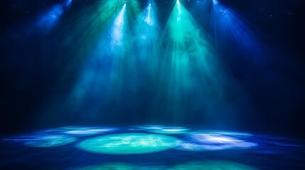 Bright spotlights in hues of green and blue create a mesmerizing effect over a stage backdrop, enhancing ambiance. The background is dark yet inviting, adding mystique.