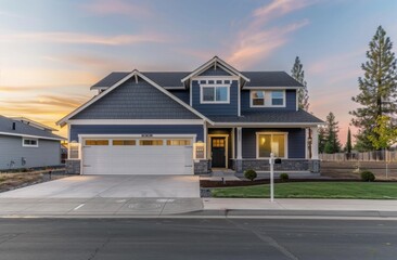 A modern two-story blue house with white garage doors and a concrete driveway.