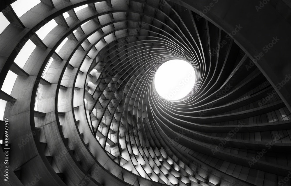 Poster A black and white photograph of a spiral concrete structure with a circular opening at the top, showcasing abstract architectural patterns and geometric designs.