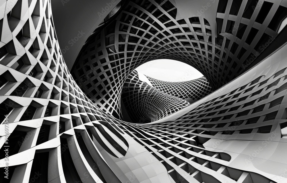 Poster A black and white image capturing the abstract geometric design of a modern building with a curved facade.