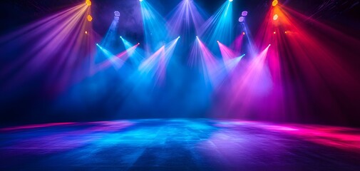 An intense array of colored beams lights up a dark stage, creating a dramatic atmosphere for performers. Ambiance is electric, with vibrant hues and a shimmery floor. Stage Light Backdrop Concept