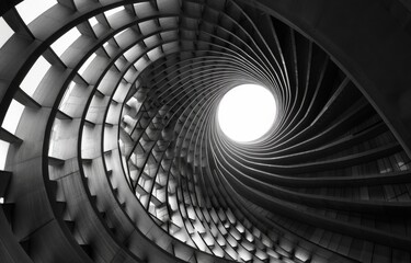 Fototapeta premium A black and white photograph of a spiral concrete structure with a circular opening at the top, showcasing abstract architectural patterns and geometric designs.
