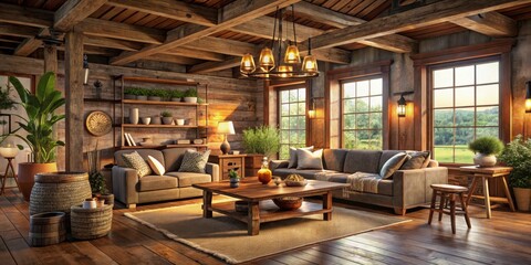 Fototapeta premium Cozy farmhouse style interior room with rustic furniture and warm lighting