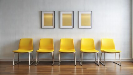 Obraz premium render of a waiting room with five yellow chairs and posters on the wall