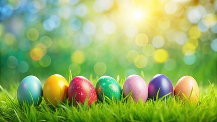 Fototapeta premium Colorful easter eggs on green grass background