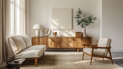A minimalist living room with a beige sofa, wooden cabinet and armchair, accented by a natural plant, a lamp and artwork.