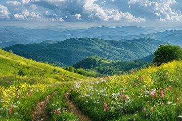 Beautiful summer landscape with green hills and mountains, wildflowers in Carpathian mountain valley