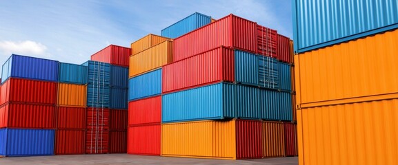Colorful shipping containers stacked against a clear blue sky.