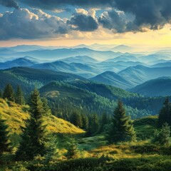 Obraz premium serene mountain landscape panoramic view, layers of green hills and blue peaks, misty