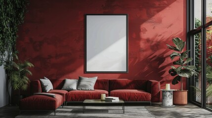 A modern living room interior featuring a red velvet sectional sofa with a blank canvas hanging on a red wall.