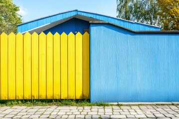 Naklejka premium A Yellow Wooden Fence and a Blue Wall with a Cobblestone Path in Front