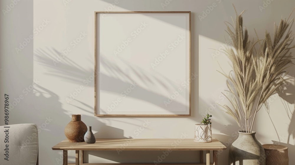 Poster an empty picture frame rests on a wooden table in a minimalist room with soft, natural lighting.