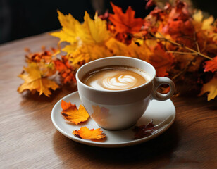 cup of coffee against the background of autumn leaves.