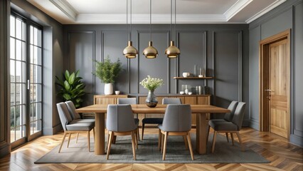 Fototapeta premium A stylish dining room with a gray color scheme and wooden accents