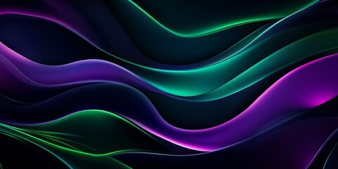 Obraz premium A black background with overlapping wavy lines in shades of green and purple.