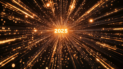 Multiple trails of fireworks leading towards a central point where 2025 is displayed in a burst of light
