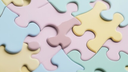 Fototapeta premium Close-up of interlocking pastel-colored puzzle pieces, in shades of soft pink, blue, yellow, and mint green